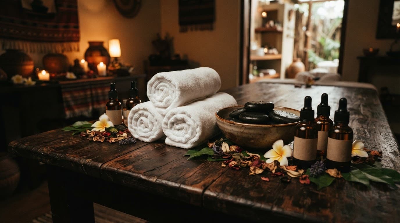 Hot stones, oil bottles, and rolled white towels on a dark wooden spa table.