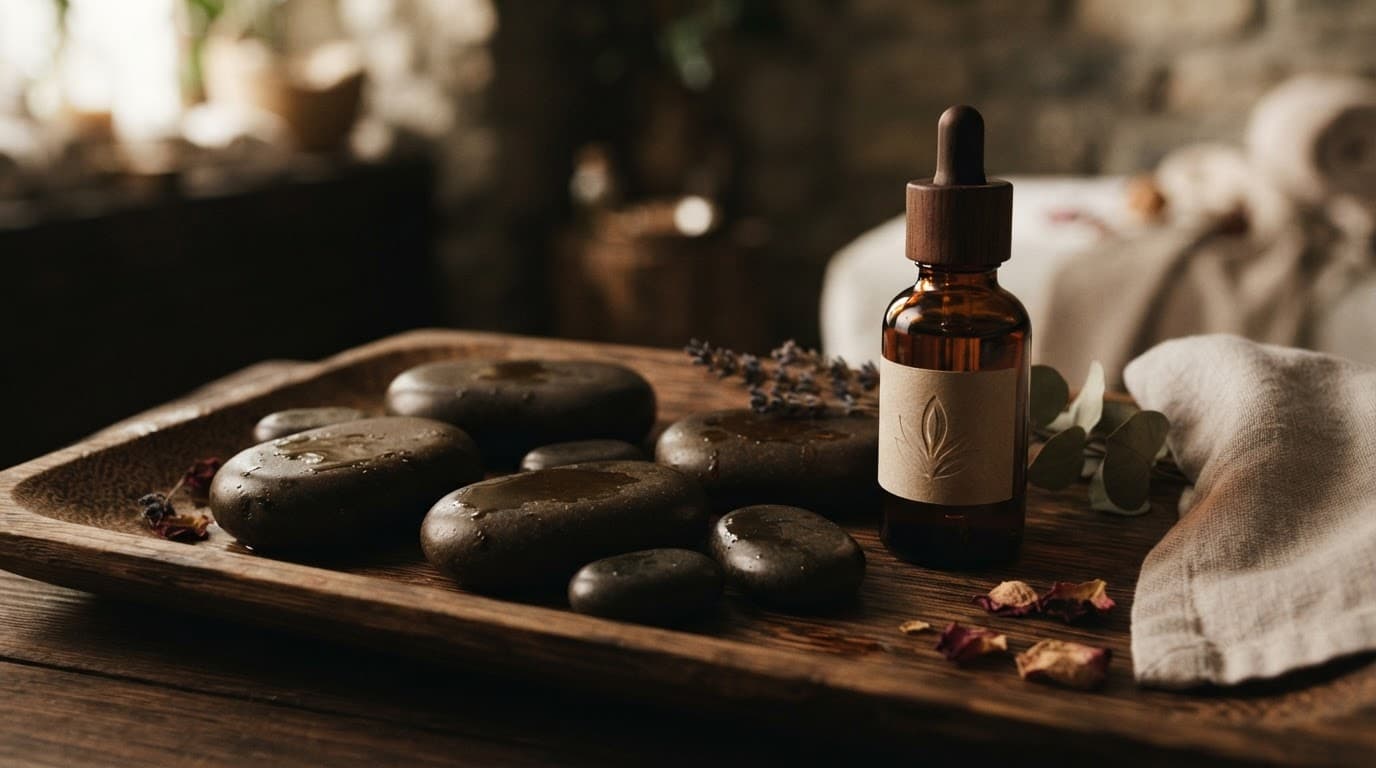 Smooth warm basalt stones and a bottle of massage oil on a wooden tray.