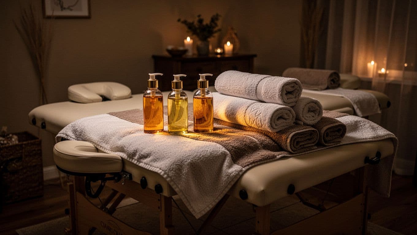 A massage table with rolled towels and oil bottles in a dim spa room.
