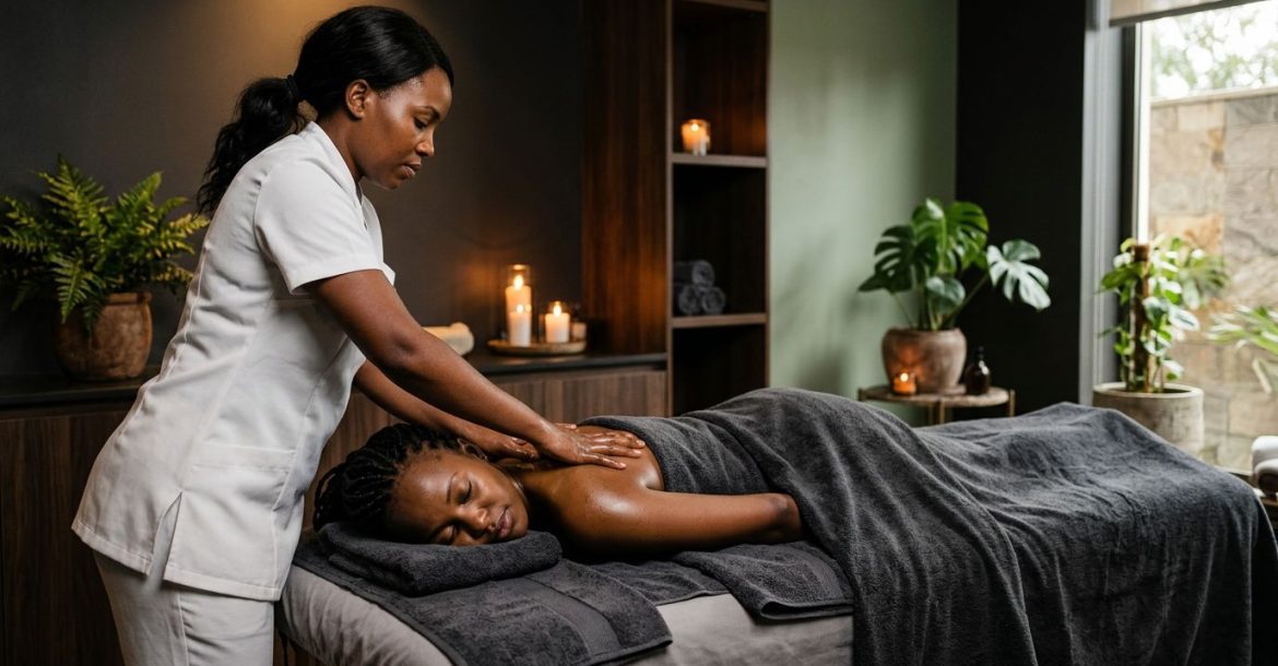 A therapist massages a client on a draped spa table in an amber-lit room.