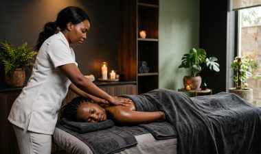 A therapist massages a client on a draped spa table in an amber-lit room.