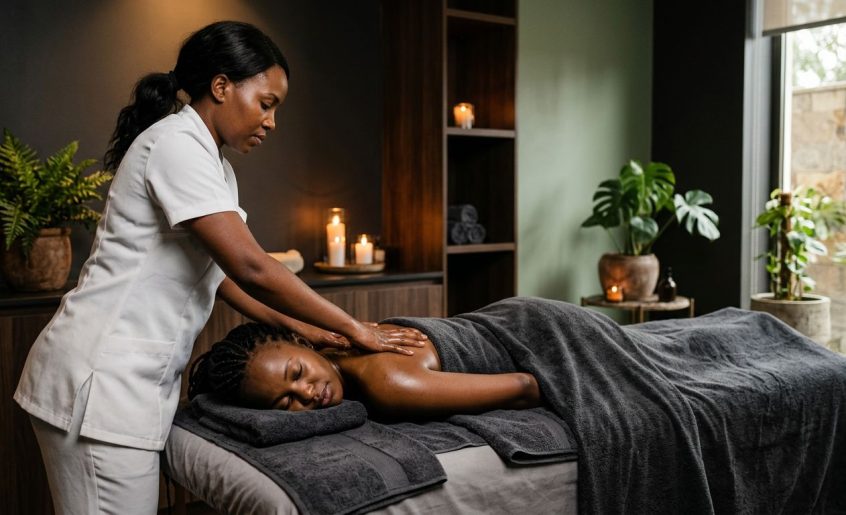 A therapist massages a client on a draped spa table in an amber-lit room.