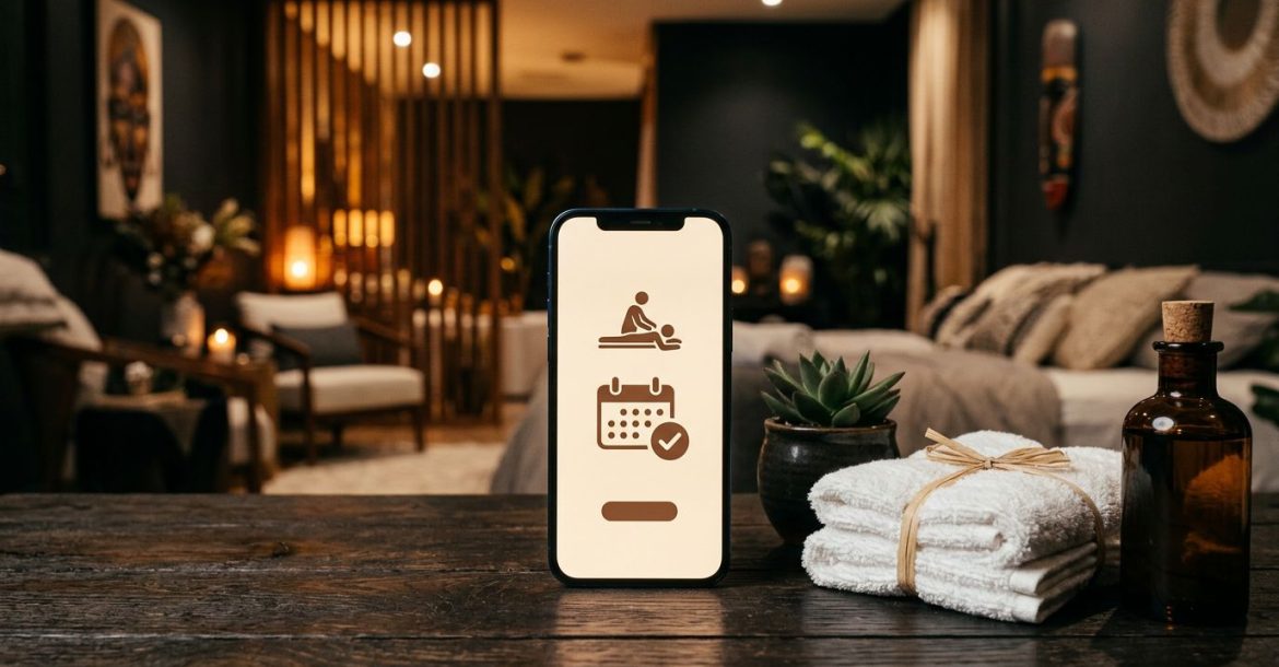 A smartphone displaying a spa app rests on a dark wooden table next to folded towels and a plant.