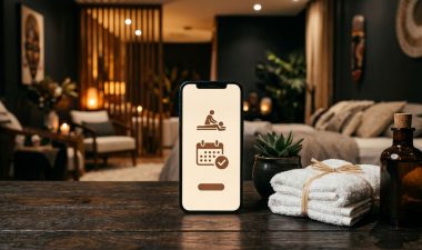 A smartphone displaying a spa app rests on a dark wooden table next to folded towels and a plant.