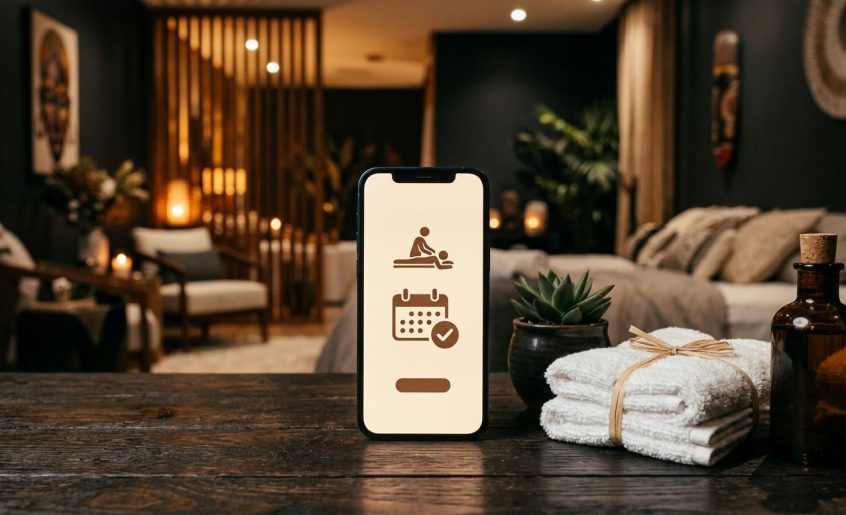 A smartphone displaying a spa app rests on a dark wooden table next to folded towels and a plant.