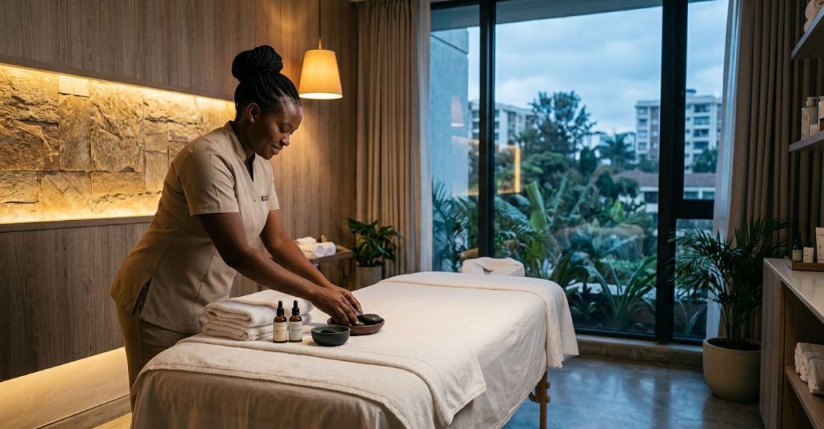 A therapist preparing a massage table with white towels and oils in a spa.