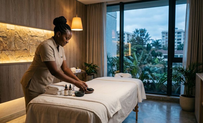 A therapist preparing a massage table with white towels and oils in a spa.