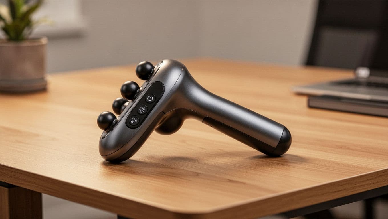 A handheld massager device rests on a wooden desk under warm lighting.