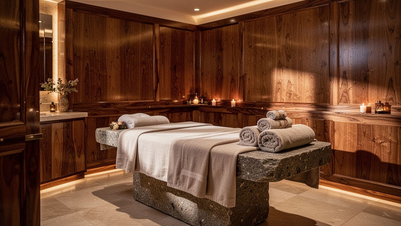 An empty luxury massage room in Nairobi with warm amber lights and rolled towels.