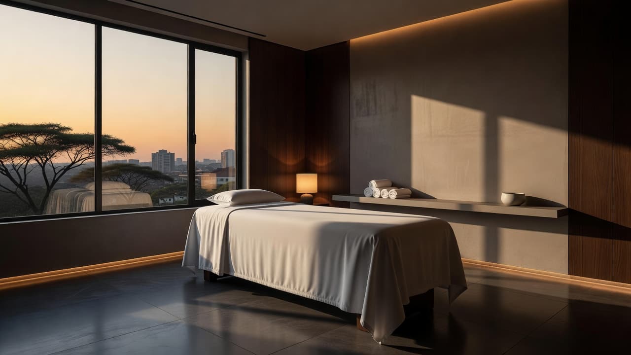 A clean massage table sits in a dimly lit, serene spa room with minimalist design.