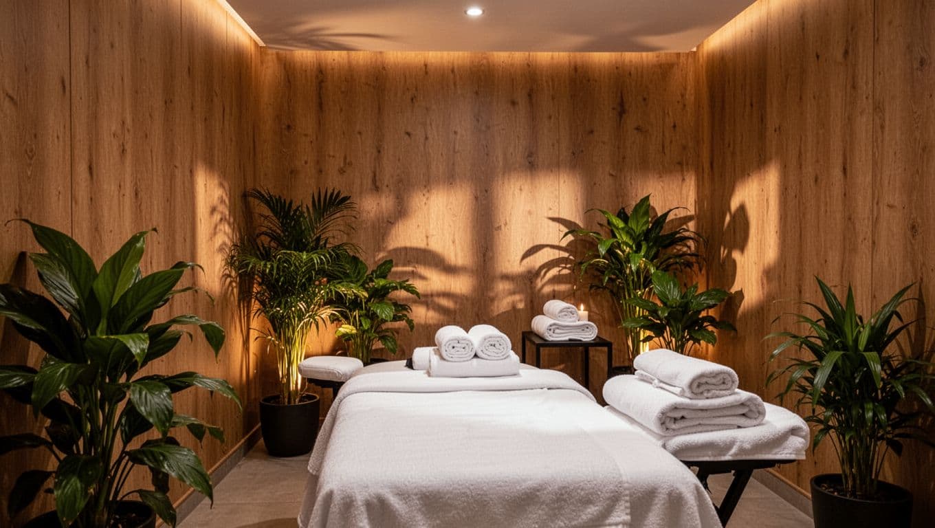 A wooden massage table with folded white towels and plants in a softly lit spa room.