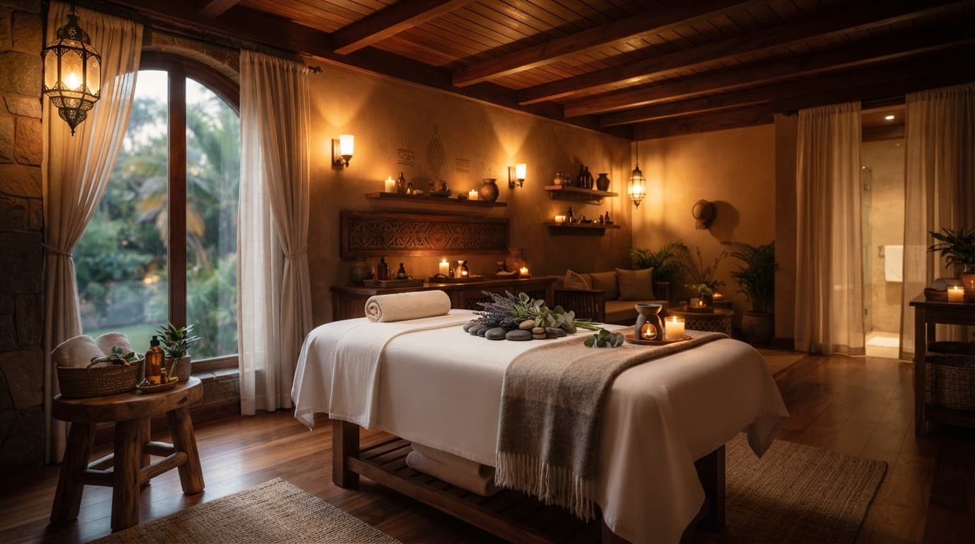 A plush massage table inside a warm wooden spa room with soft ambient lighting.