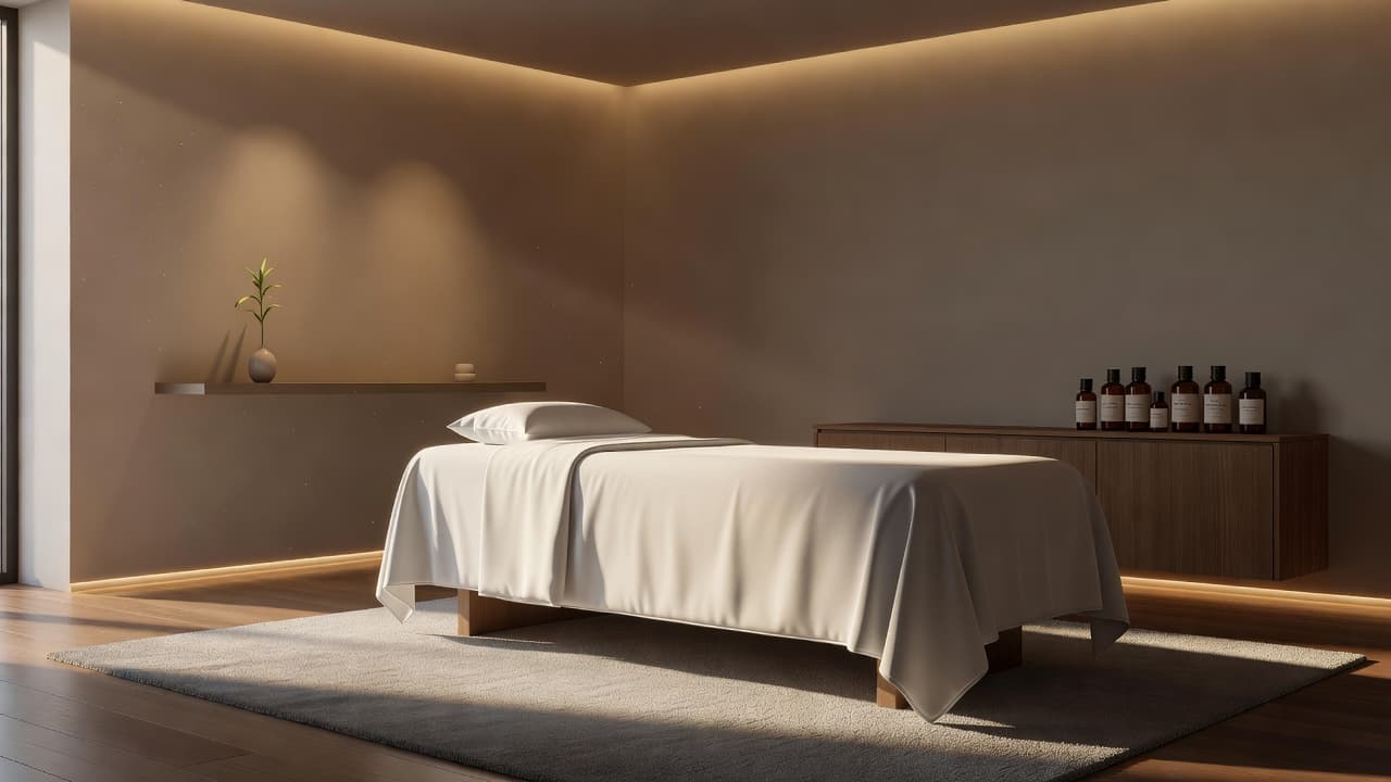 A massage table with white linens in a softly lit, peaceful therapy room.
