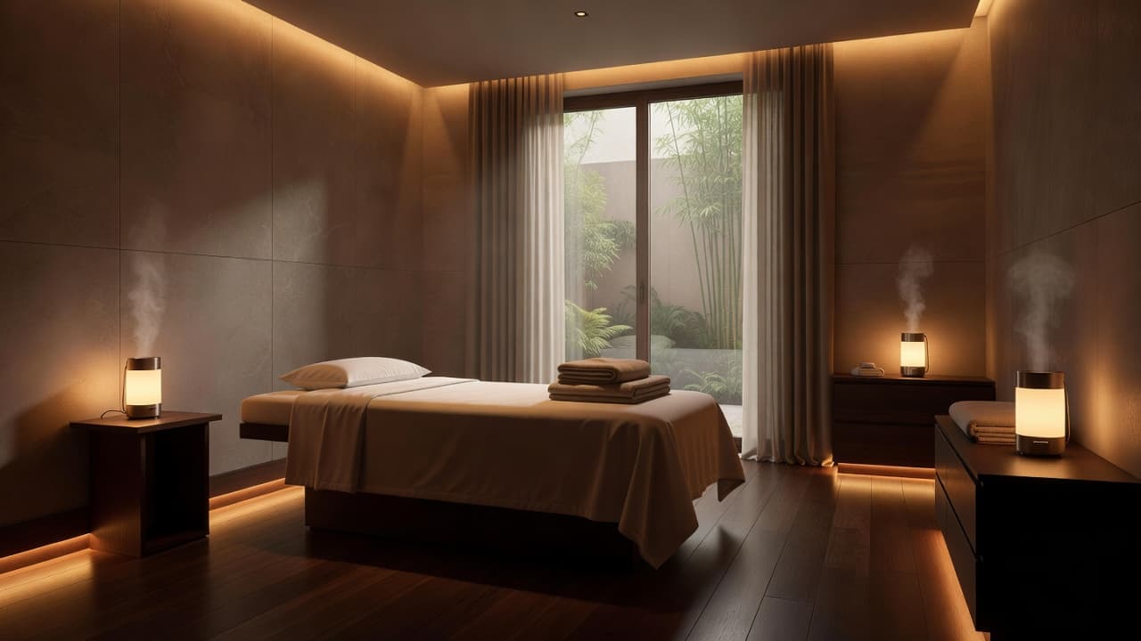 A peaceful spa treatment room with warm lighting, stacked towels, and a diffuser on a wooden table.
