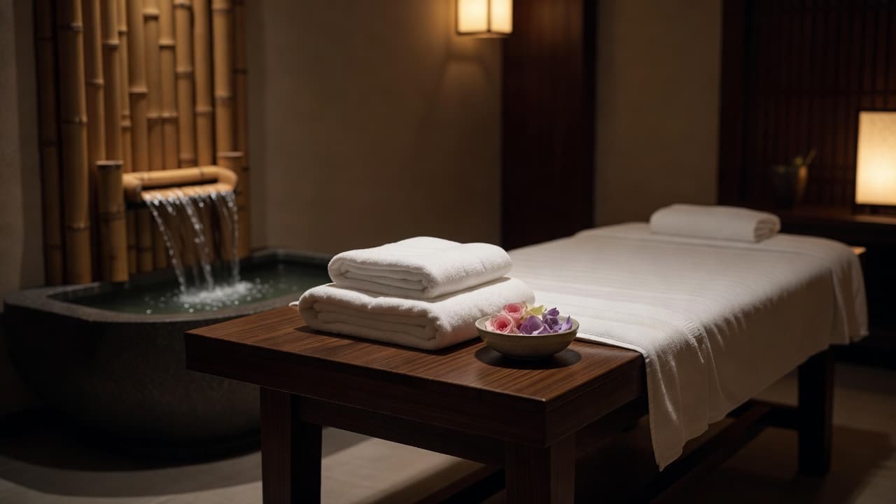 Folded white towels sit on a massage table with a bamboo water feature in the background.