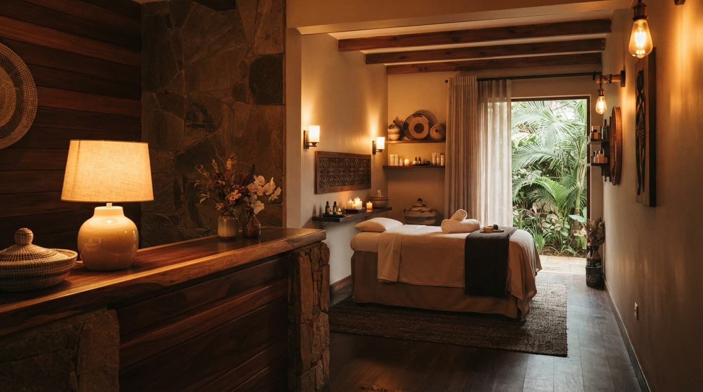 Luxury spa treatment rooms with wooden decor, folded towels, and two treatment beds.