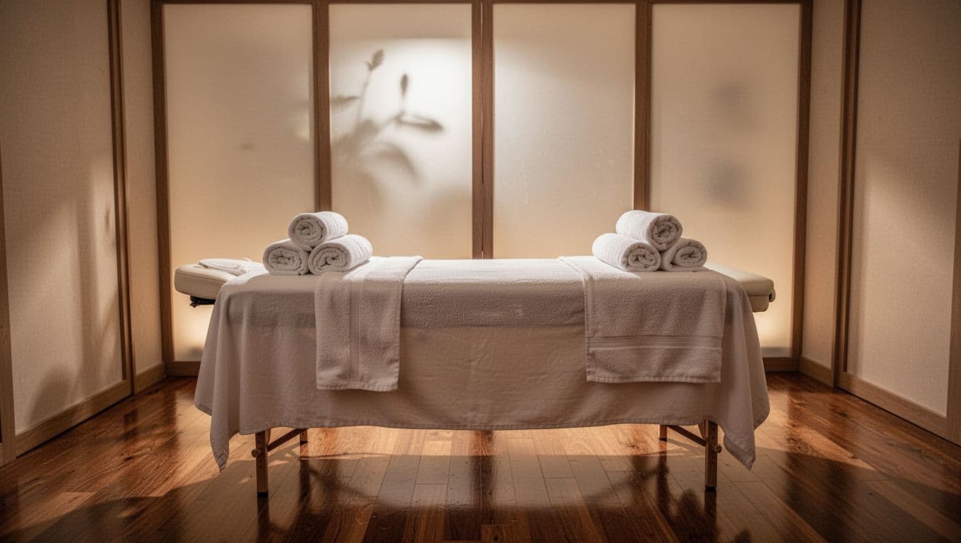 A calm spa treatment room with a massage table and rolled white towels.