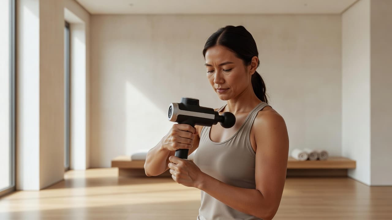 A person treats their shoulder muscle with a modern electronic massage gun.