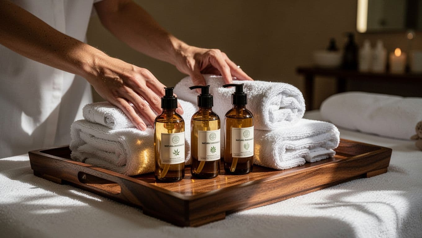 Hands arrange white towels and massage oils on a wooden tray.