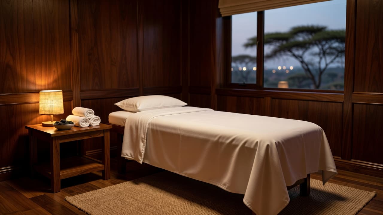 A clean massage room in Nairobi featuring warm lighting and a wooden aesthetic.