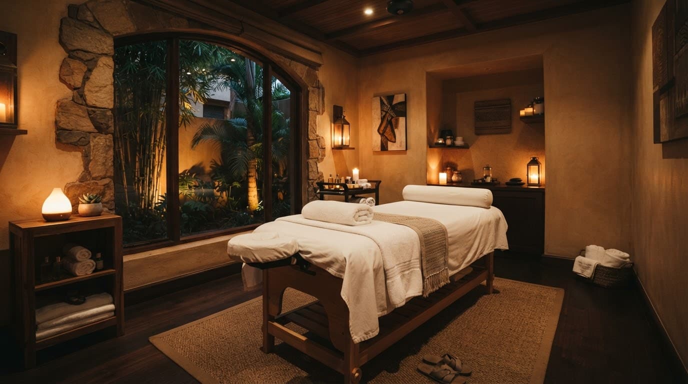 A professional massage table with white towels in a softly lit spa room.