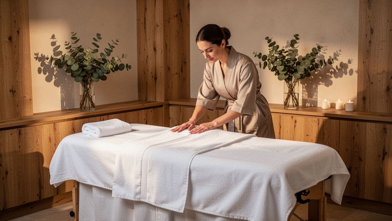 A massage table with white linens and eucalyptus in a spa room.