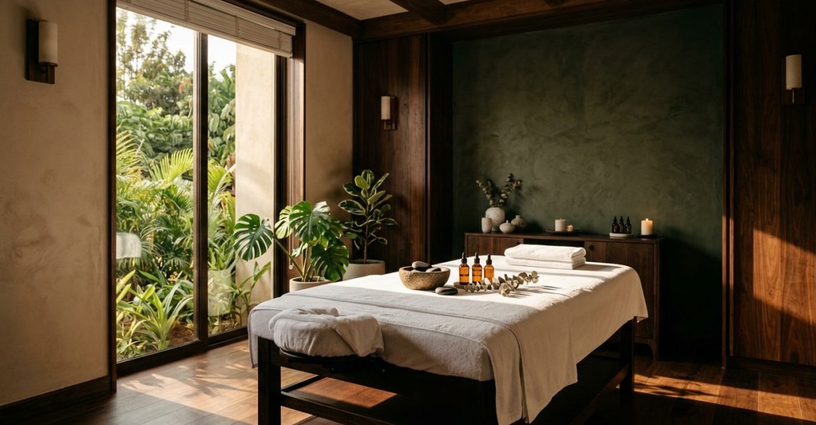 A serene massage room with towels, stones, oils, wood accents, and leafy plants.