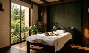 A serene massage room with towels, stones, oils, wood accents, and leafy plants.