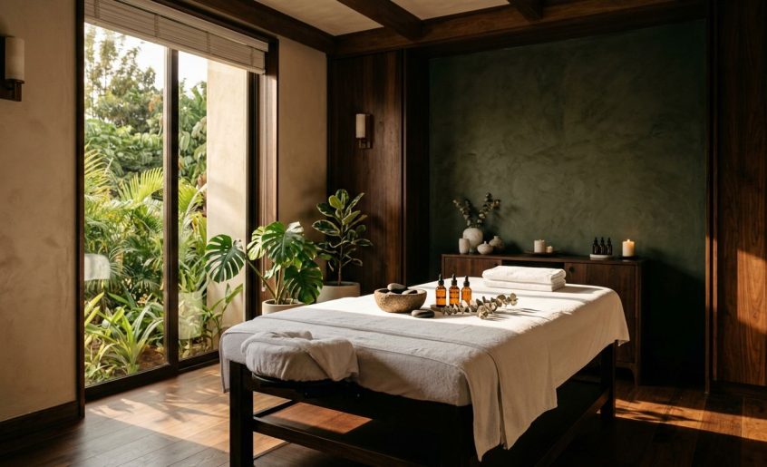 A serene massage room with towels, stones, oils, wood accents, and leafy plants.