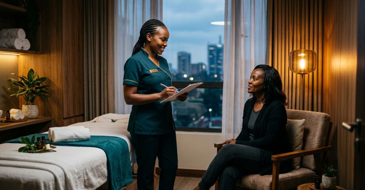 A therapist in teal consults with a seated client inside a warmly lit Nairobi spa room.