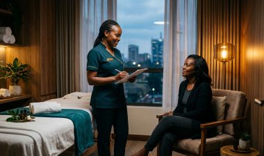 A therapist in teal consults with a seated client inside a warmly lit Nairobi spa room.
