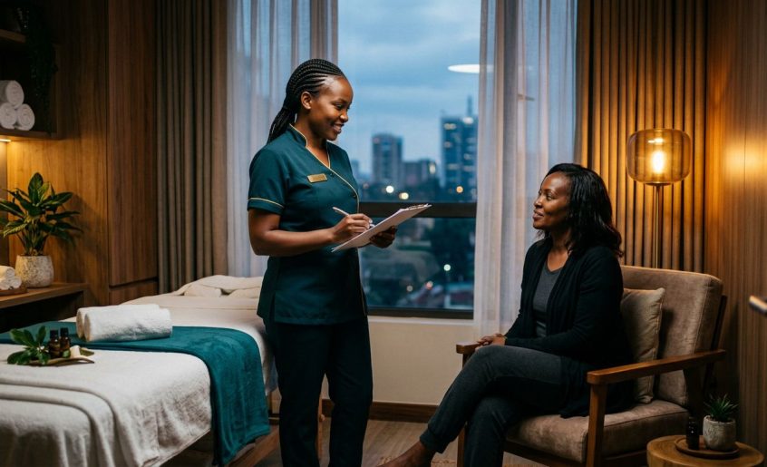 A therapist in teal consults with a seated client inside a warmly lit Nairobi spa room.