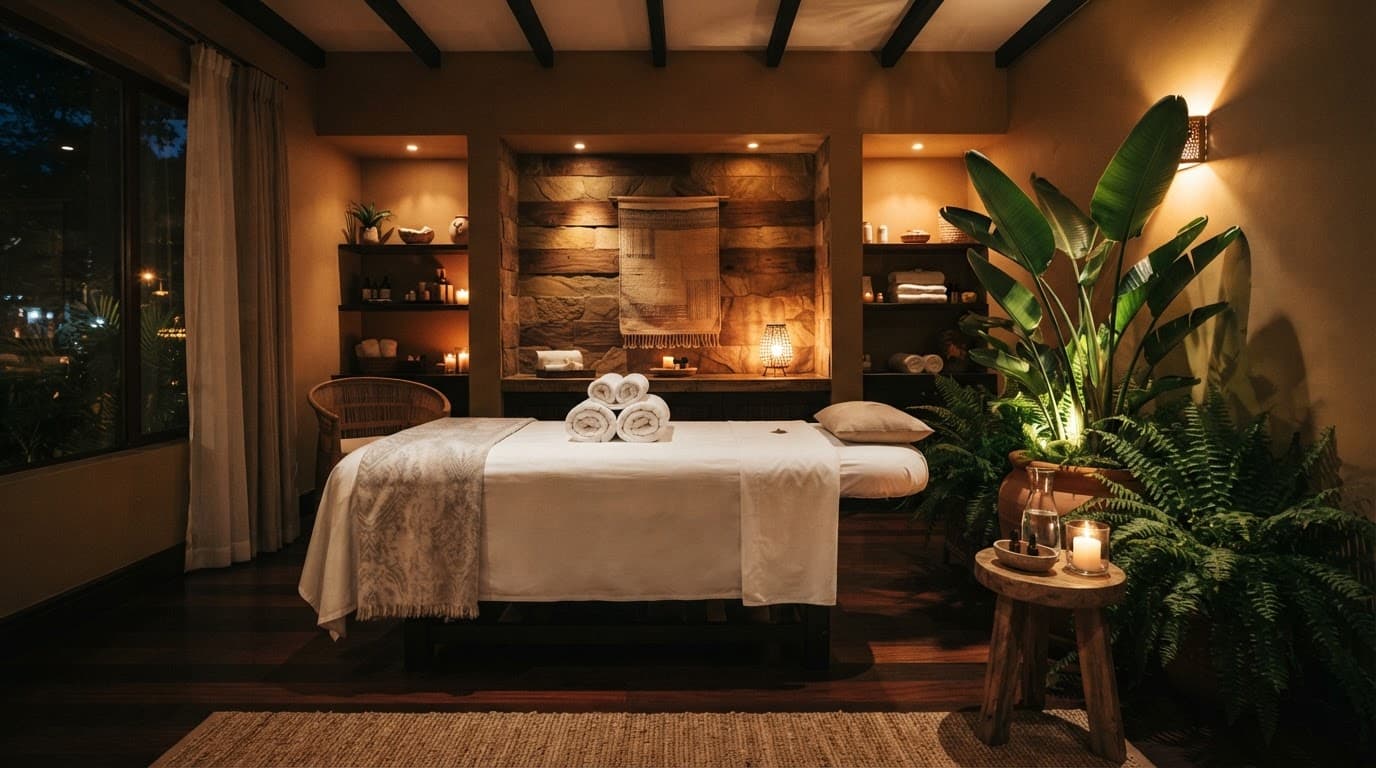 A warmly lit spa room with a massage table, folded towels, and tropical plants.
