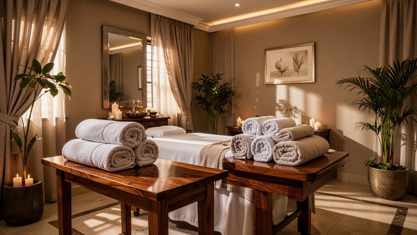 A warmly lit massage room with rolled towels, candles, and calming decor.