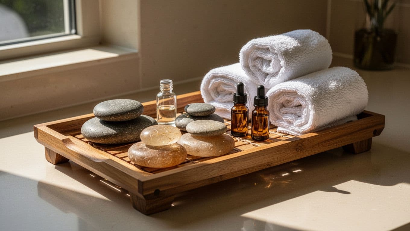 Wooden spa tray with warm stones, oil bottles, and rolled white towels.