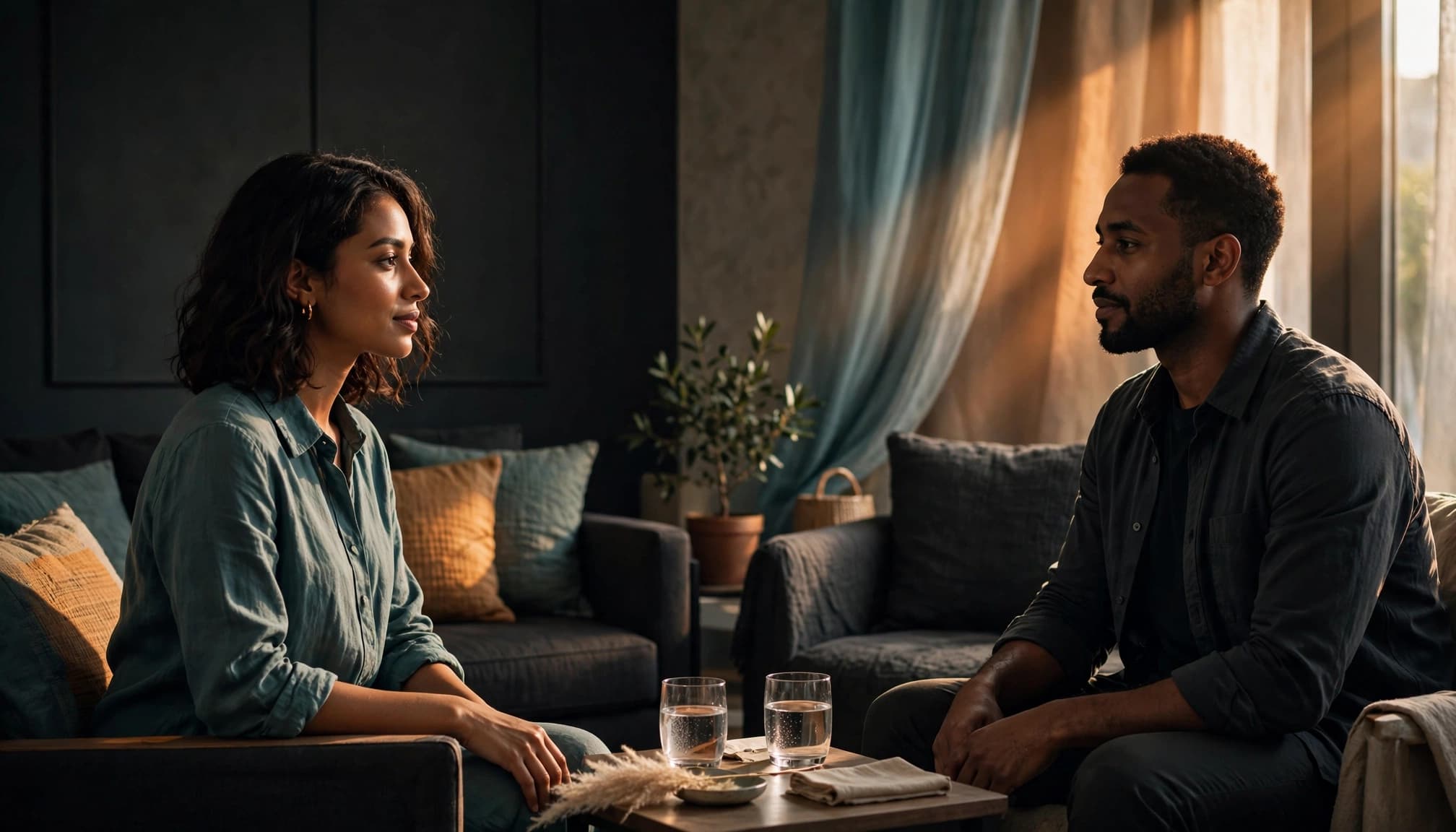 Two adults sit apart in a bright lounge, discussing boundaries beside a small table.