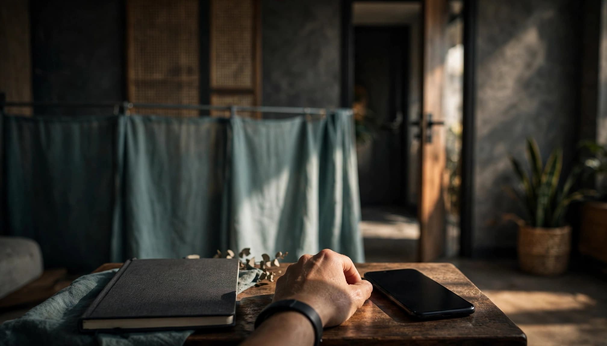 A hand beside a turned-away phone and closed notebook in a private reception area.