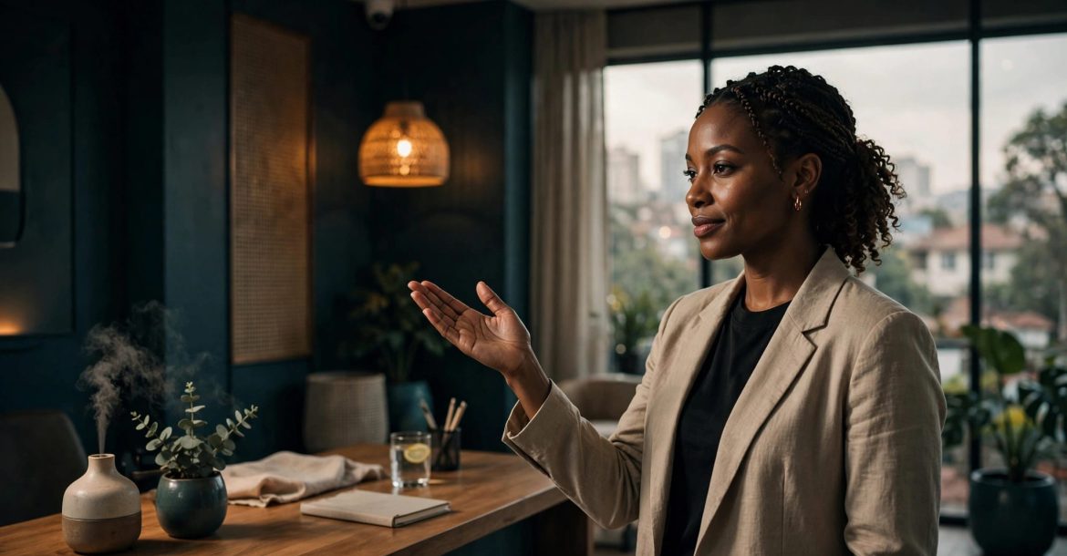 A woman gestures beside a warmly lit consultation desk in a modern Nairobi reception.