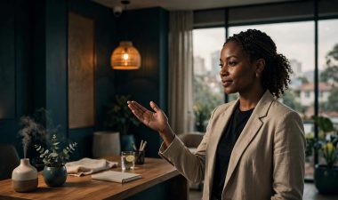 A woman gestures beside a warmly lit consultation desk in a modern Nairobi reception.