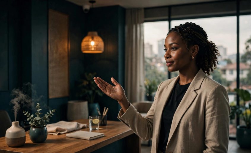 A woman gestures beside a warmly lit consultation desk in a modern Nairobi reception.