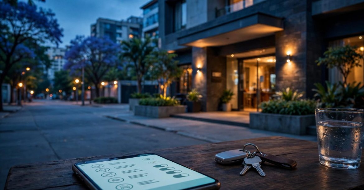 Café-hotel entrance at dusk with a smartphone, car keys, and water glass on a nearby table.