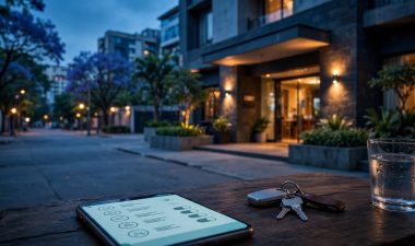 Café-hotel entrance at dusk with a smartphone, car keys, and water glass on a nearby table.