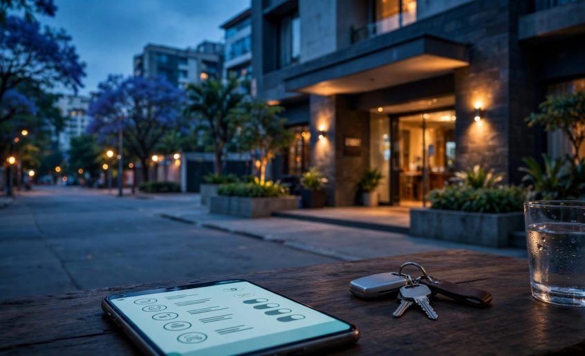 Café-hotel entrance at dusk with a smartphone, car keys, and water glass on a nearby table.