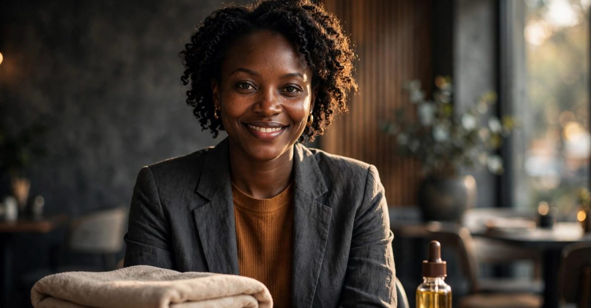 A smiling woman sits at a café table beside a folded towel and massage oil.