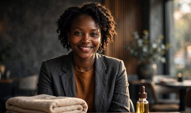 A smiling woman sits at a café table beside a folded towel and massage oil.