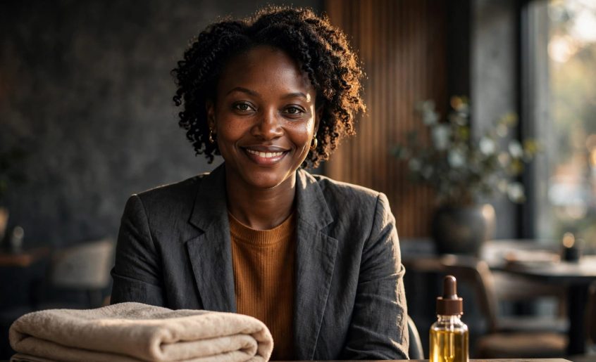 A smiling woman sits at a café table beside a folded towel and massage oil.