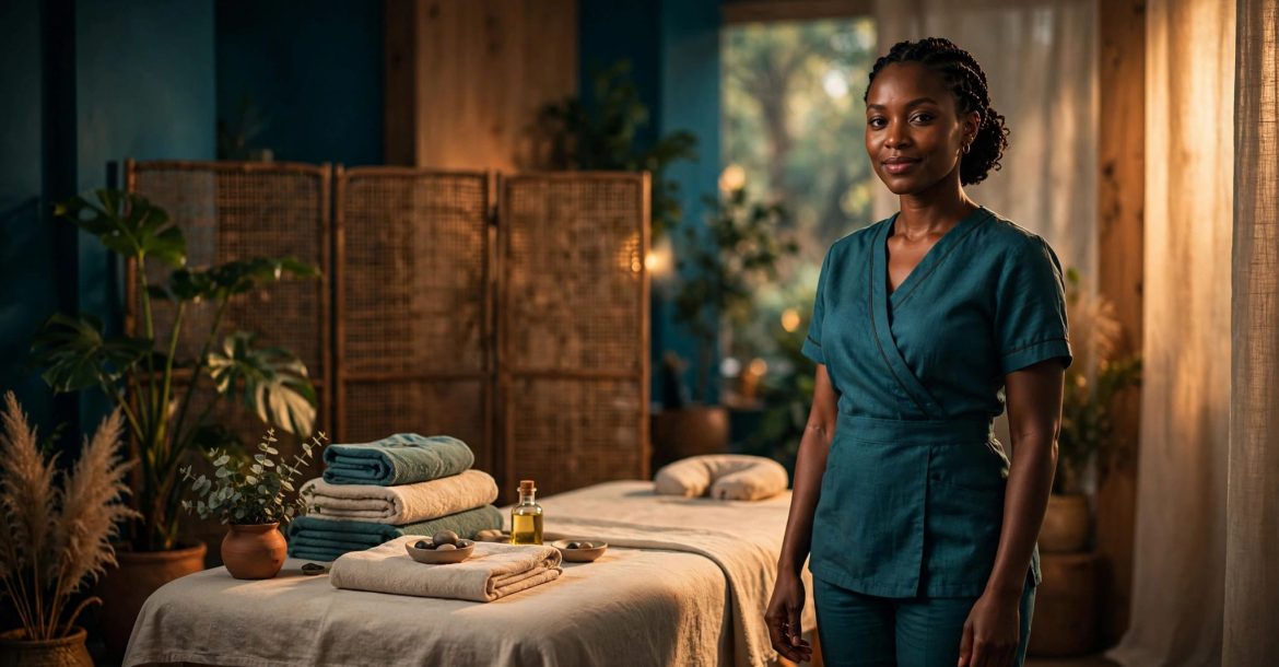 Massage therapist beside a prepared table in a calm Nairobi wellness studio.