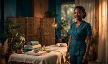 Massage therapist beside a prepared table in a calm Nairobi wellness studio.