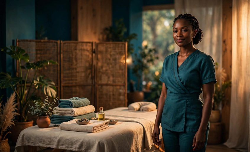 Massage therapist beside a prepared table in a calm Nairobi wellness studio.