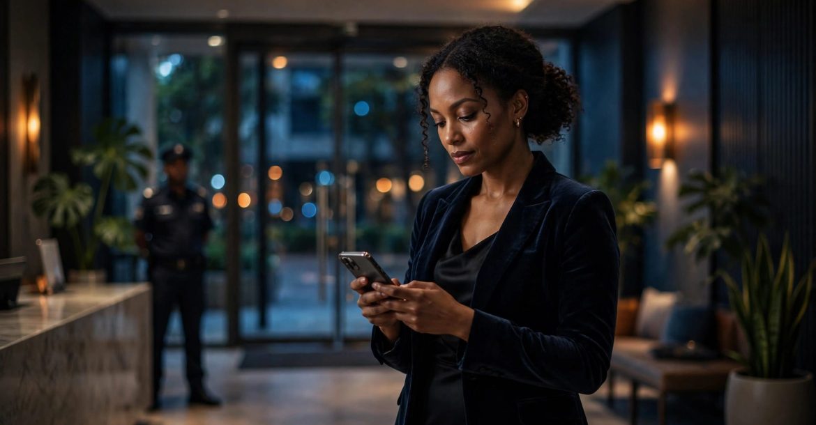 An elegant woman checks her phone in a lobby with a security guard nearby.